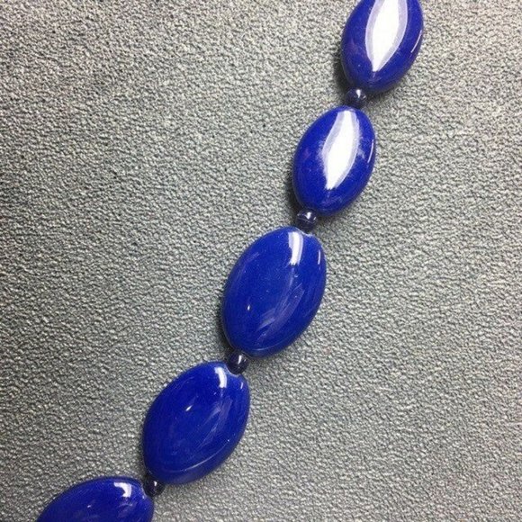 Long Graduated Oval Necklace Navy Blue Silver Hook Smooth Retro Classic - Picture 2 of 7